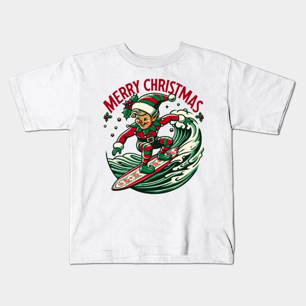 Surfing Elf Retro Christmas Cheer Kids T-Shirt by The Tee Bizarre